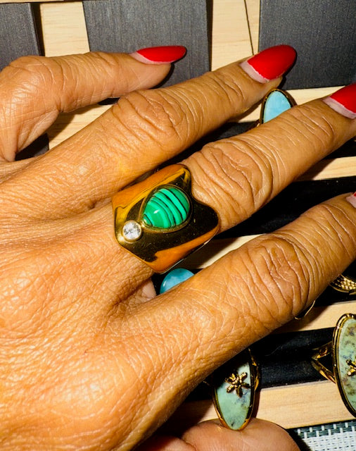 Verde Statement Large Heart shape hypoallergenic ring studded crystal white stone moon and star ring