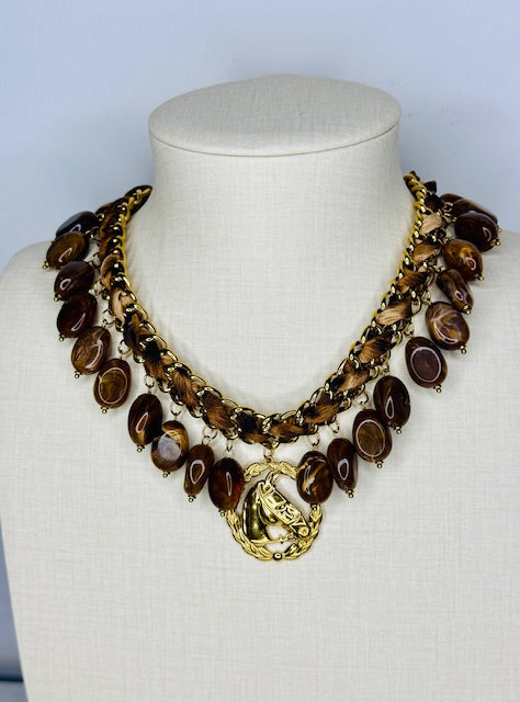Horse Head Godolphin charm hypoallegenic stainless steel tiger eye stone grande statement animated necklace