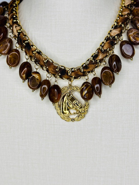 Horse Head Godolphin charm hypoallegenic stainless steel tiger eye stone grande statement animated necklace