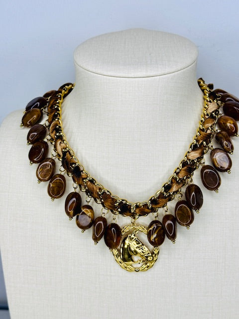 Horse Head Godolphin charm hypoallegenic stainless steel tiger eye stone grande statement animated necklace
