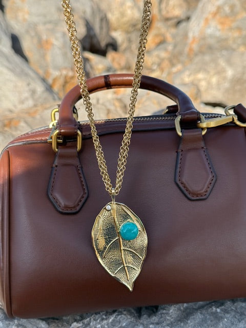 Autunm Leave Green studded stone  double chain statement elegant hypoallegenic stainless steel necklace